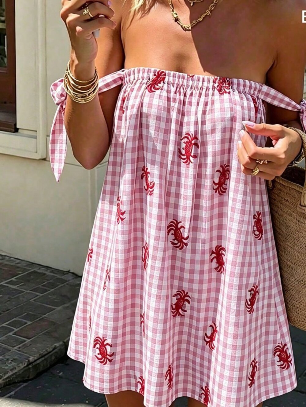 Pink Chic Women's Strapless Plaid Crab Embroidery A-Line Mini Dress